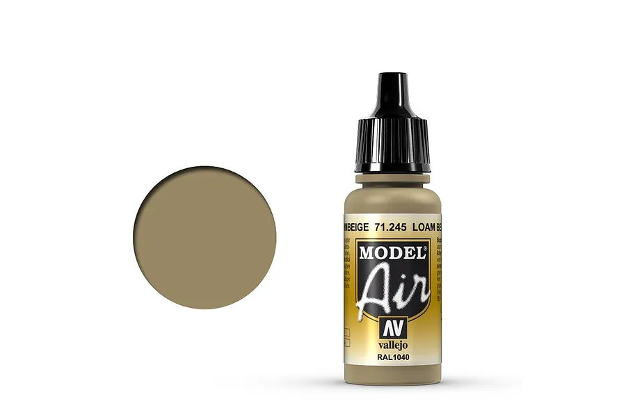 A 17ml bottle of Vallejo Model Air Loam Beige acrylic paint with a black dropper cap, shown next to a circular swatch of the paint color.