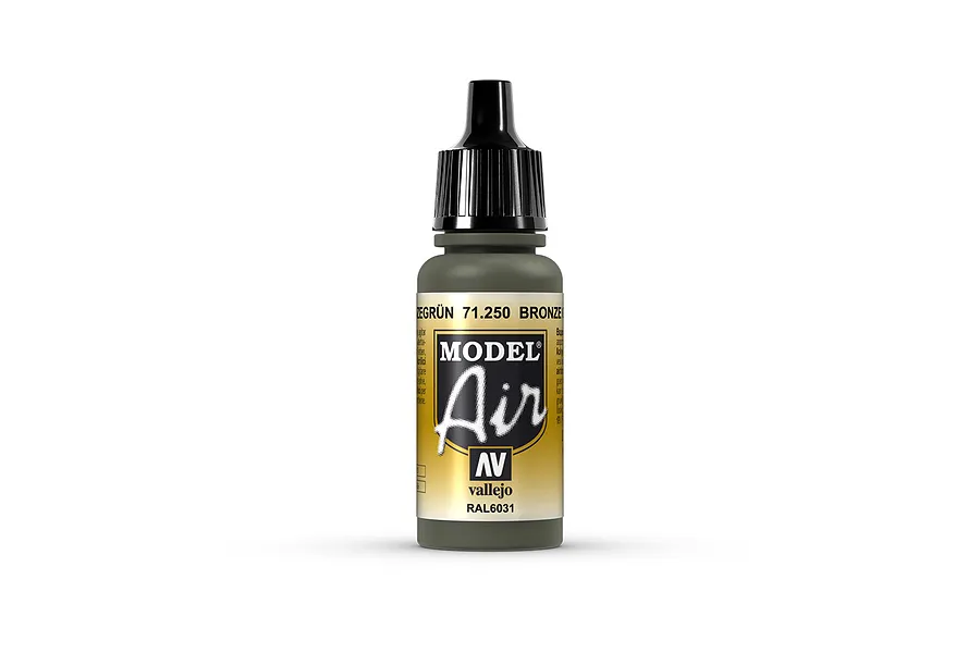A 17ml bottle of Vallejo Model Air Bronze Green acrylic paint, featuring a black dropper cap and a label with the Model Air logo.