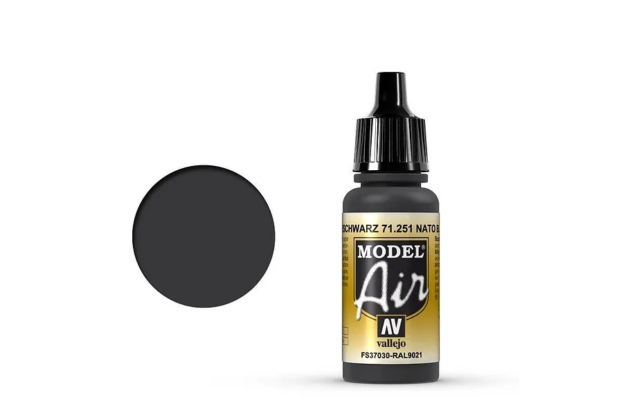 A 17ml bottle of Vallejo Model Air NATO Black acrylic paint with a black dropper cap and a yellow and black label.