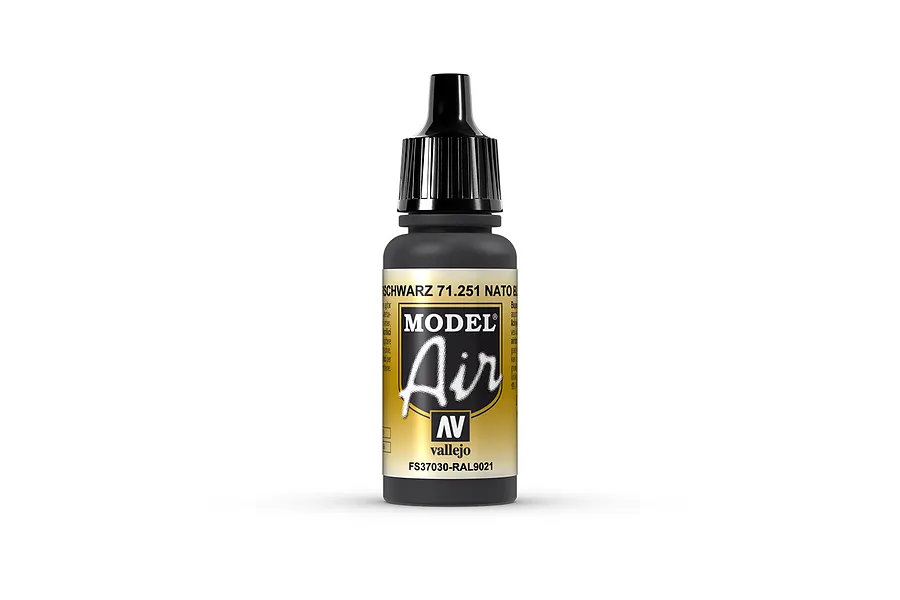 A 17ml bottle of Vallejo Model Air NATO Black acrylic airbrush paint, featuring a black dropper cap and a label with the Model Air logo.
