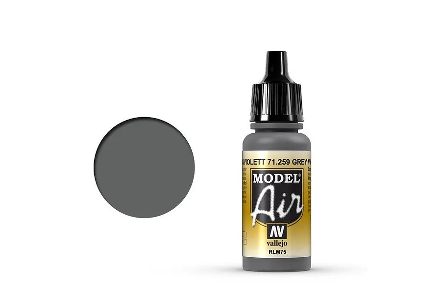 A 17ml bottle of Vallejo Model Air Grey Violet RLM75 acrylic airbrush paint with a black dropper cap and a yellow label.