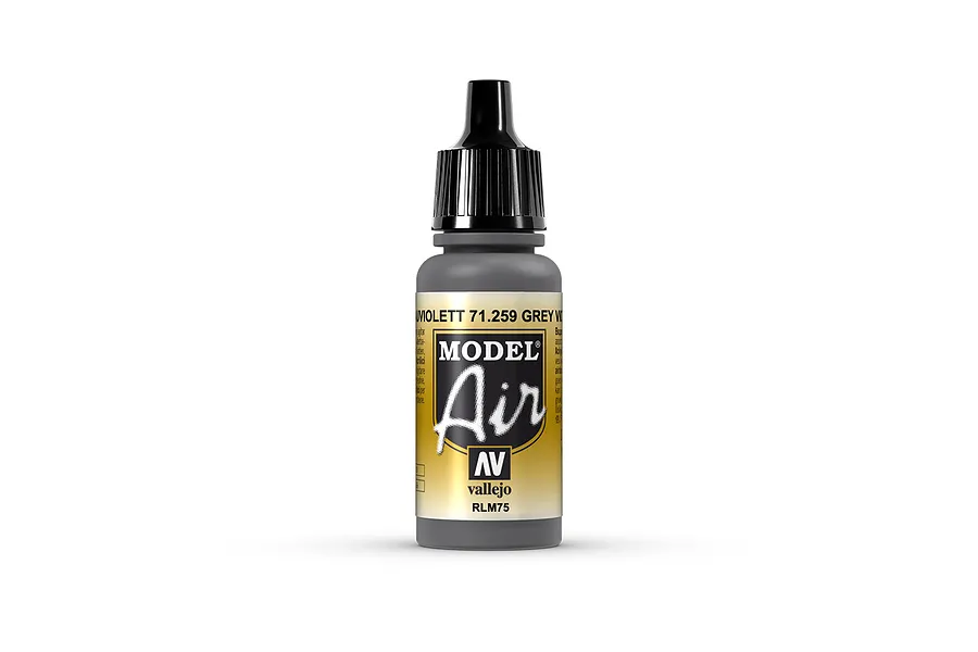 A 17ml bottle of Vallejo Model Air Grey Violet RLM75 acrylic airbrush paint with a black dropper cap, isolated on a white background.
