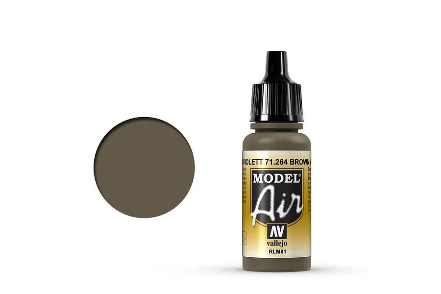 A 17ml bottle of Vallejo Model Air Brown Violet RLM81 acrylic paint with a black dropper cap, shown next to a circular color swatch.