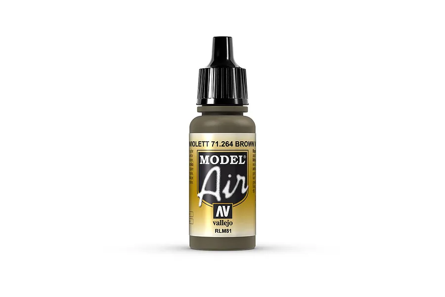 A 17ml bottle of Vallejo Model Air Brown Violet RLM81 acrylic airbrush paint, featuring a black dropper cap and a label with yellow and black branding.
