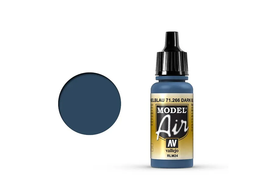 A 17ml bottle of Vallejo Model Air Dark Blue RLM24 acrylic airbrush paint with a black dropper cap and a circular color swatch to the left.