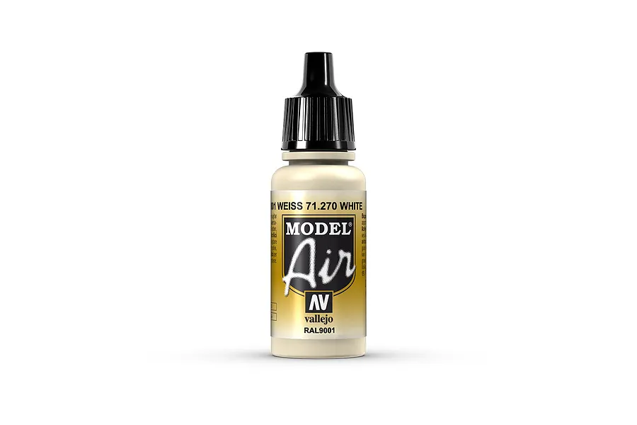 A 17ml bottle of Vallejo Model Air Off-White acrylic airbrush paint, featuring a black dropper cap and a label with the product name and RAL9001 code.
