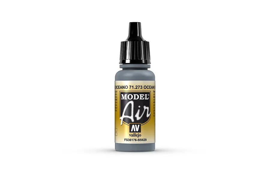 A 17ml bottle of Vallejo Model Air Ocean Grey acrylic airbrush paint, showing the label with product name, SKU 71273, and black dropper cap.