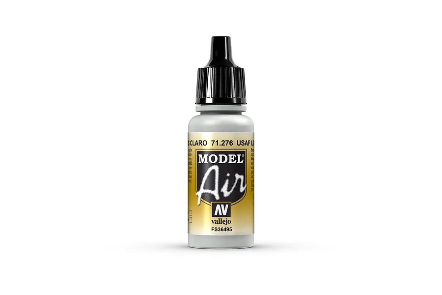 A 17ml bottle of Vallejo Model Air USAF Light Grey acrylic airbrush paint, featuring a black dropper cap and a label with the Model Air logo.