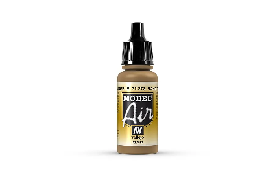 A 17ml bottle of Vallejo Model Air Sand Yellow RLM79 acrylic airbrush paint with a black dropper cap, centered against a white background.