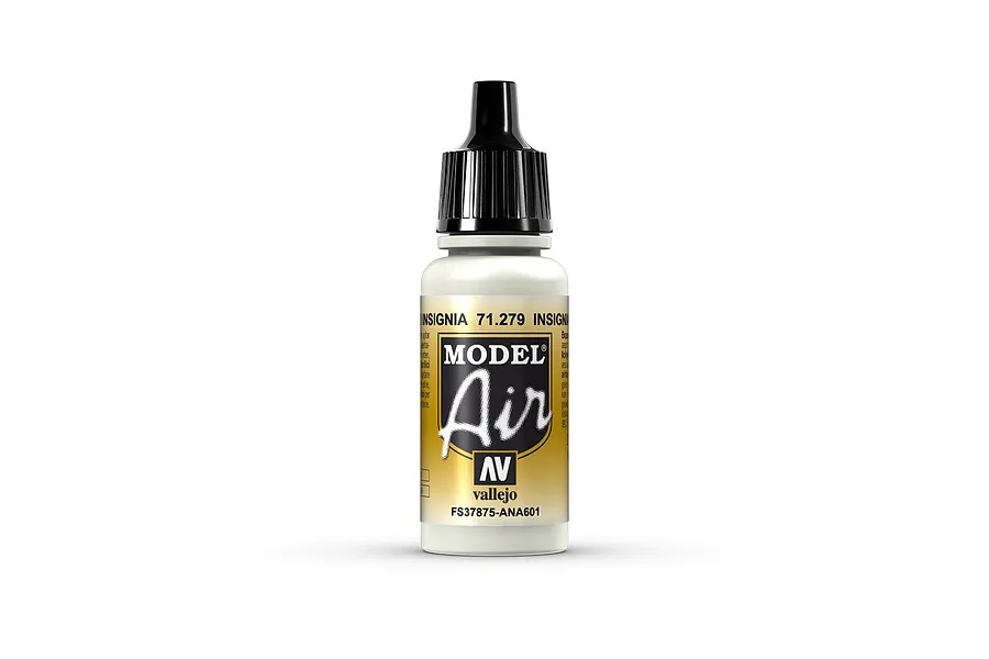 A 17ml bottle of Vallejo Model Air Insignia White acrylic airbrush paint with a black dropper cap against a white background.