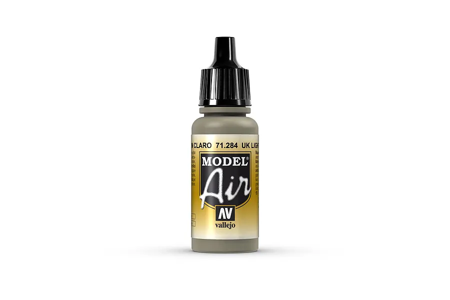 A 17ml bottle of Vallejo Model Air UK Light Mud acrylic paint with a black dropper cap, centered against a plain white background.