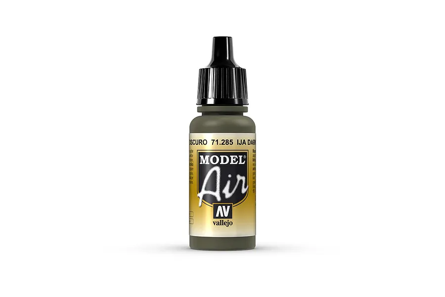 A 17ml bottle of Vallejo Model Air IJA Dark Green acrylic airbrush paint, featuring a black dropper cap and a label with gold and black branding.