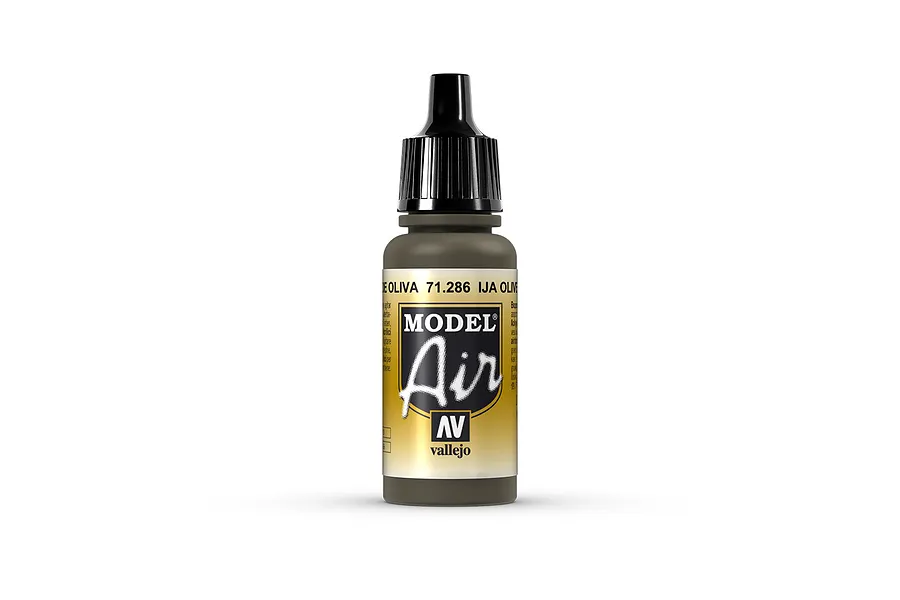 A 17ml bottle of Vallejo Model Air IJA Olive Green acrylic airbrush paint, featuring a black dropper cap and a yellow and black label.