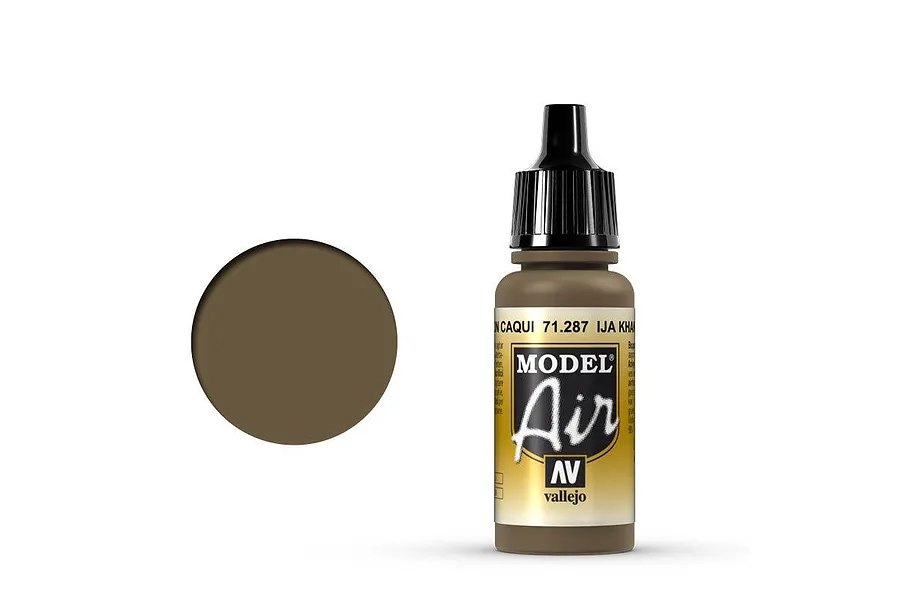 A 17ml bottle of Vallejo Model Air IJA Khaki Brown acrylic paint with a black dropper cap, shown next to a circular color swatch.