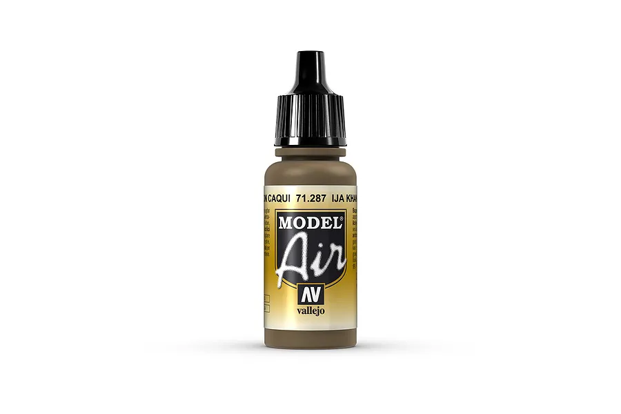 A 17ml bottle of Vallejo Model Air IJA Khaki Brown acrylic airbrush paint with a black dropper cap against a white background.