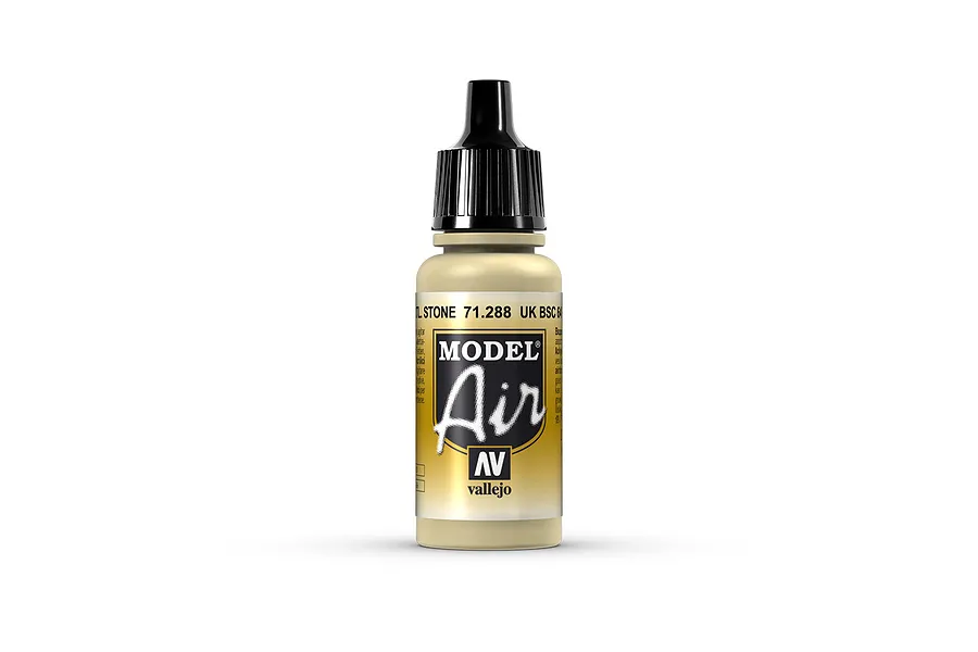 A 17ml bottle of Vallejo Model Air UK BSC 64 Portland Stone acrylic airbrush paint with a black dropper cap against a white background.