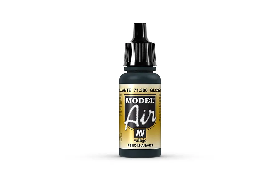A 17ml bottle of Vallejo Model Air Glossy Sea Blue acrylic paint, featuring a black dropper cap and a label with the Model Air logo.