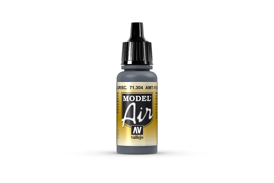 A 17ml bottle of Vallejo Model Air AMT-11 Blue Grey acrylic airbrush paint with a black dropper cap against a white background.