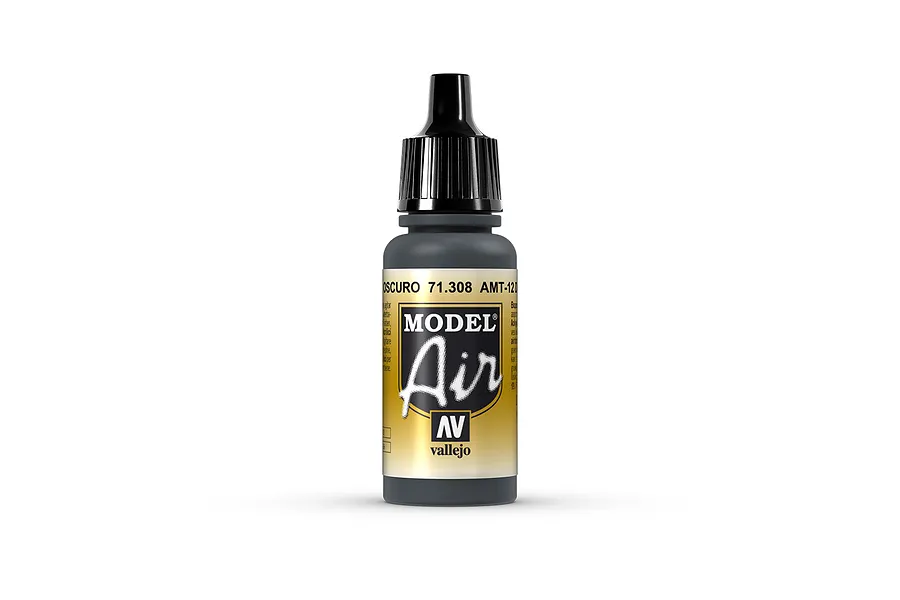 A 17ml bottle of Vallejo Model Air AMT-12 Dark Grey acrylic airbrush paint with a black dropper cap against a white background.