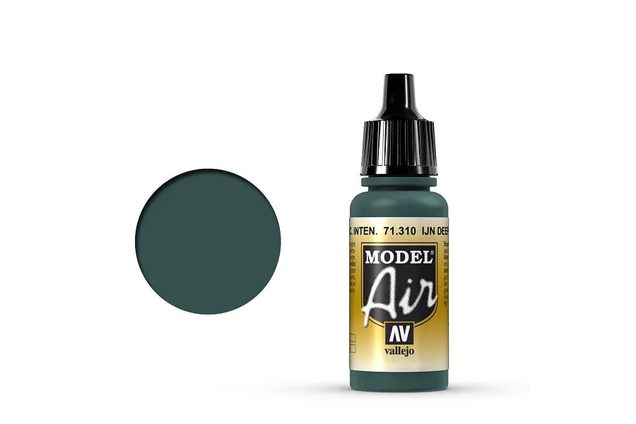 A 17ml bottle of Vallejo Model Air IJN Deep Dark Green acrylic paint with a black dropper cap and a yellow label.