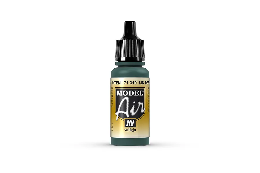 A 17ml bottle of Vallejo Model Air IJN Deep Dark Green acrylic paint with a black dropper cap, centered against a plain white background.