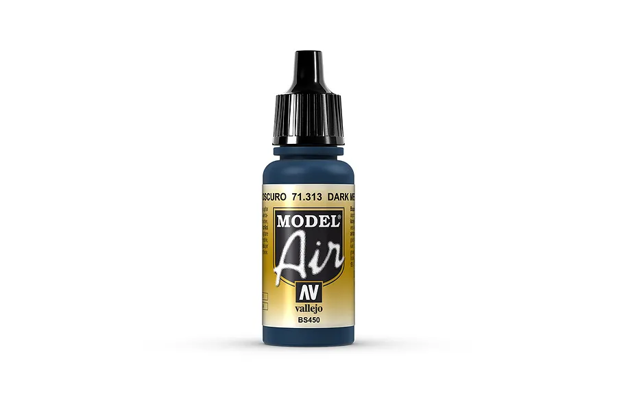 A 17ml bottle of Vallejo Model Air Dark Mediterranean Blue acrylic airbrush paint, featuring a black dropper cap and a gold and black label.