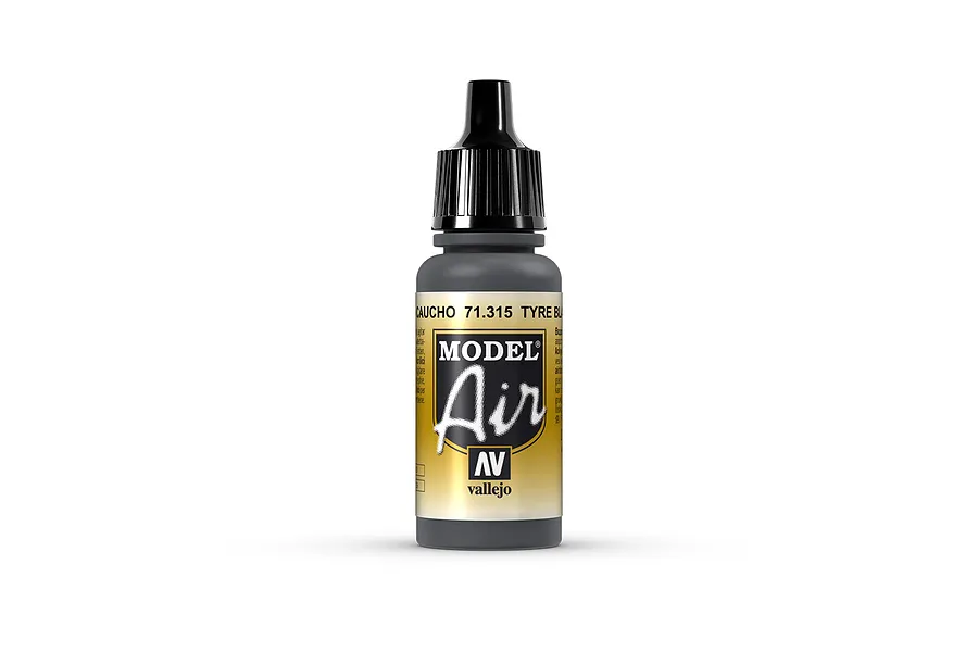 A 17ml bottle of Vallejo Model Air Tyre Black acrylic paint standing upright against a white background.