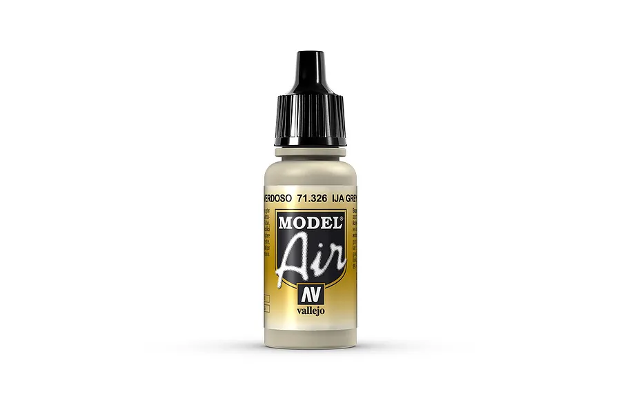 A 17ml bottle of Vallejo Model Air IJA Grey Green acrylic paint featuring a black dropper cap and a label with the Model Air logo.