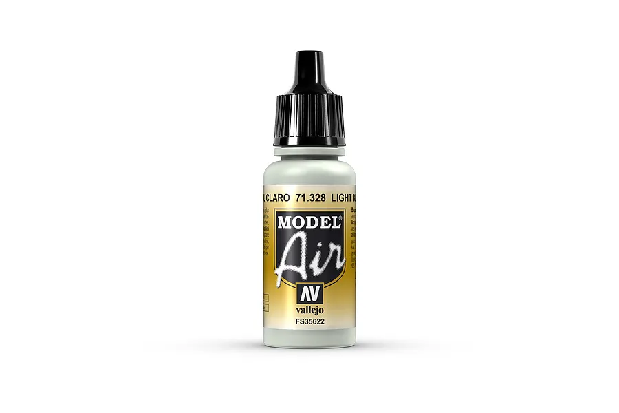 A 17ml bottle of Vallejo Model Air Light Blue acrylic airbrush paint, showing the label with the product name, SKU 71.328, and FS35622 color code.