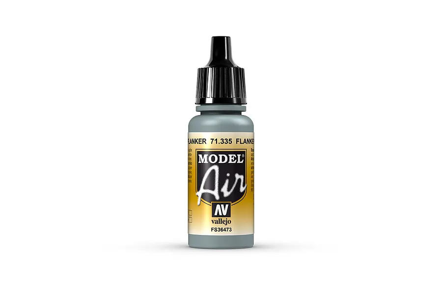 A 17ml bottle of Vallejo Model Air Flanker Light Grey acrylic airbrush paint, featuring a black dropper cap and a yellow and black label.