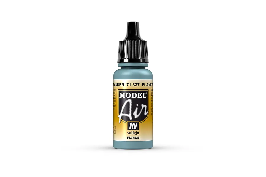 A 17ml bottle of Vallejo Model Air Flanker Blue acrylic airbrush paint, featuring a black dropper cap and a label with the Model Air logo.