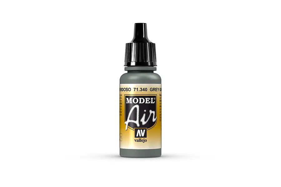 A 17ml bottle of Vallejo Model Air Grey Green acrylic airbrush paint, featuring a black dropper cap and a label with the Model Air logo.