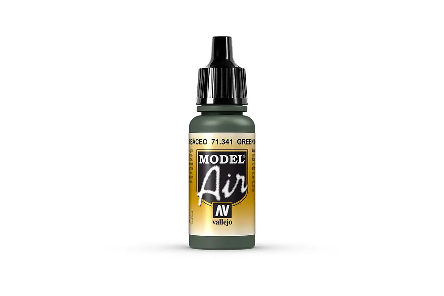 A 17ml bottle of Vallejo Model Air Green Grey acrylic airbrush paint, featuring a black dropper cap and a label with the Model Air logo.