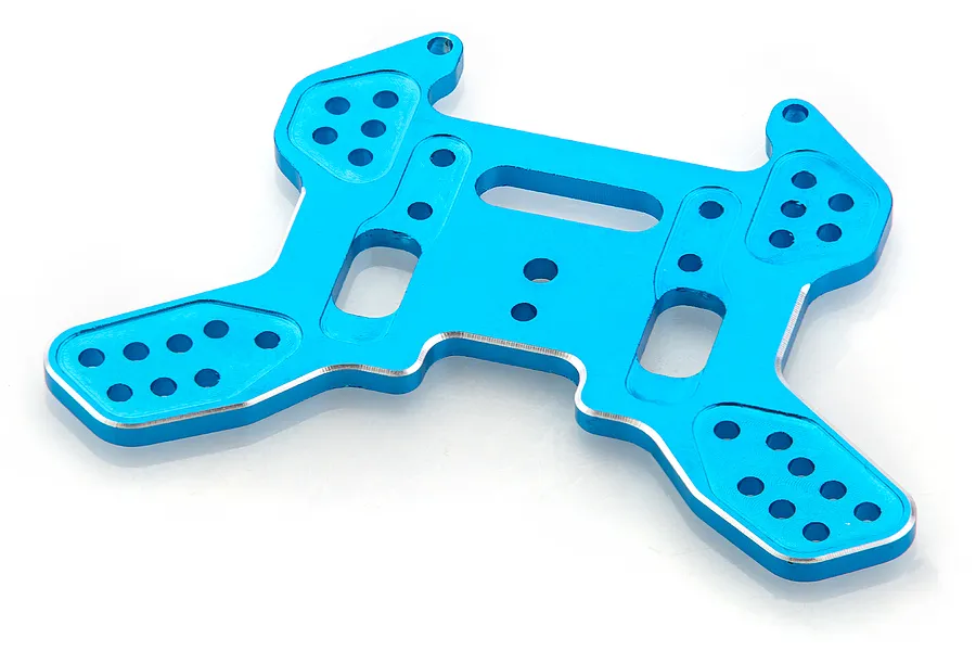 A blue anodized aluminium rear shock tower for an HSP RC car, featuring multiple mounting holes and a flat, machined design.