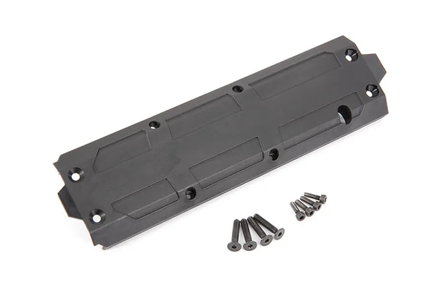 A black Traxxas Maxx centre skid plate for an extended chassis, shown with a set of mounting screws on a white background.