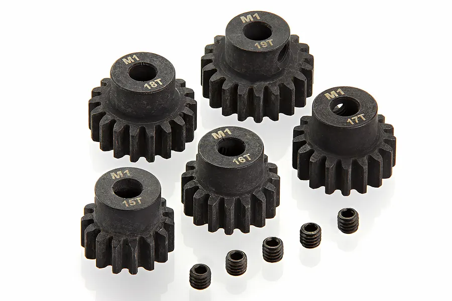 A set of five black steel 1Mod pinion gears ranging from 15T to 19T, accompanied by five small grub screws on a white background.
