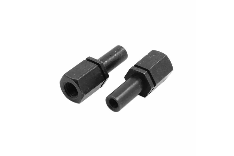 Two black metal flywheel pilot posts for RC cars, shown against a plain white background.