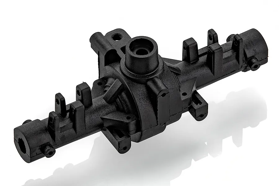 A black plastic HSP front or rear gear box housing for an RC car, shown from a high-angle perspective against a white background.