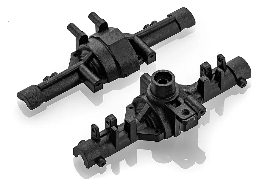 Two black plastic RC car gear box housing components shown from different angles on a white background.