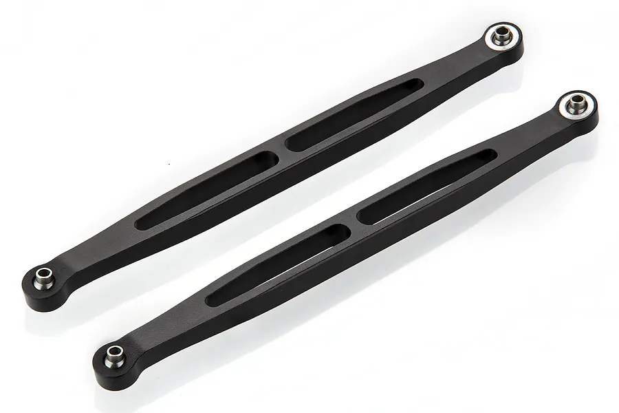Two black aluminium RC rear upper suspension linkages with metal pivot ball ends, shown against a white background.