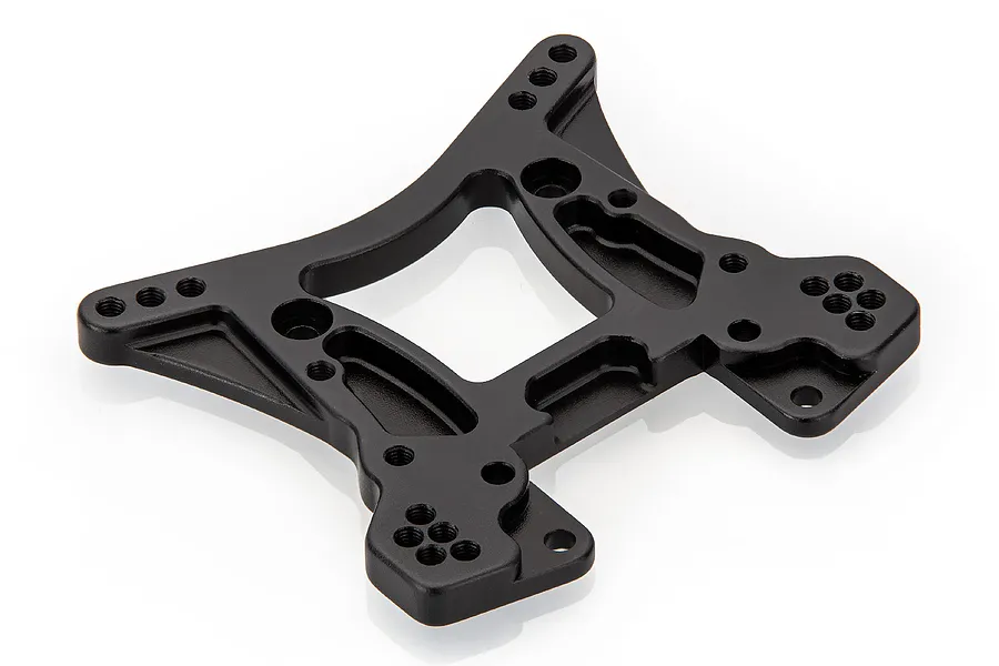 A black anodized aluminium front shock tower for an RC car, featuring multiple mounting holes and a geometric, lightweight design.