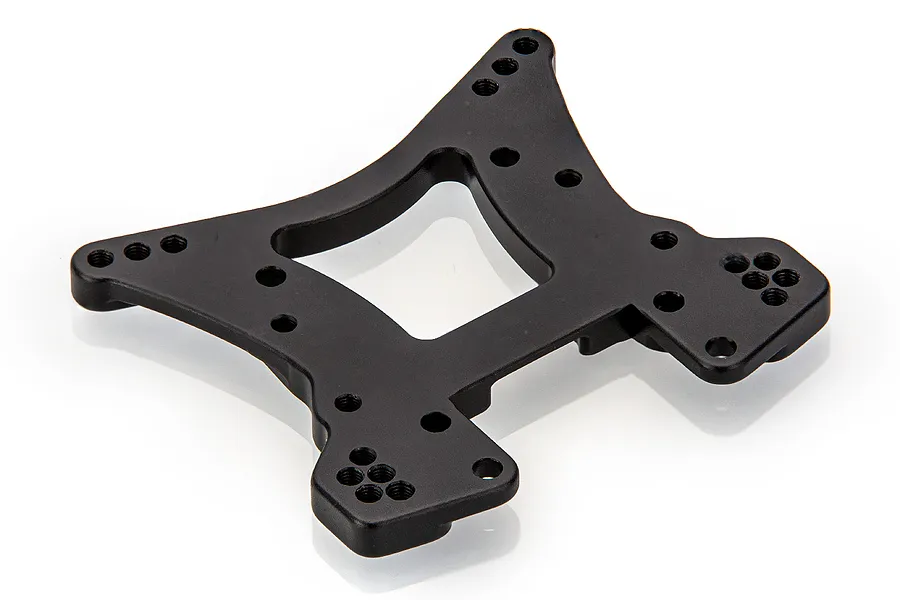 A black anodized aluminium front shock tower for an RC car, featuring multiple mounting holes and a central cutout.