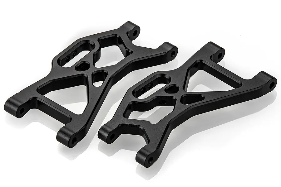 Two black aluminium lower suspension arms for an RC car, shown from an angled top-down perspective against a white background.