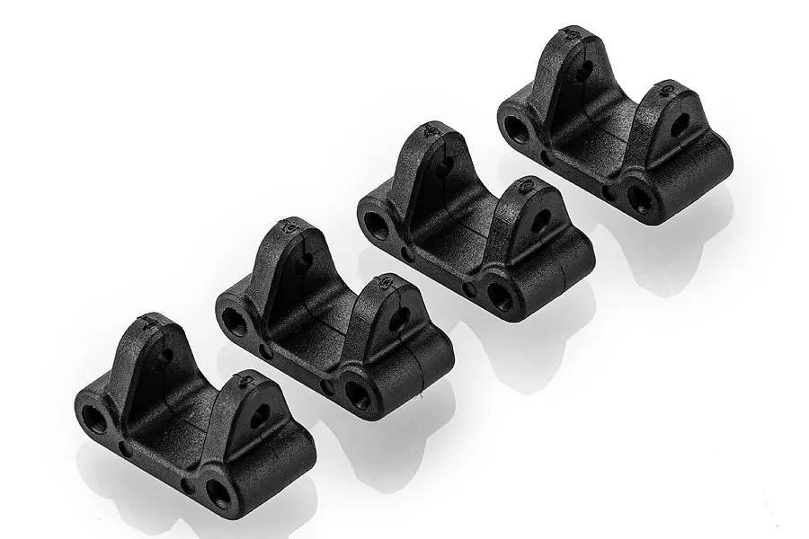 Four black plastic rear linkage mounts for HSP RC cars, arranged in a diagonal row on a white background.