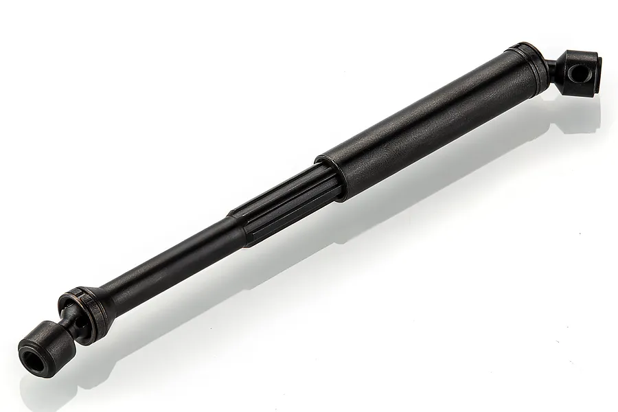A black telescopic universal CVD driveshaft for an RC car, featuring a splined sliding section and universal joints at both ends.