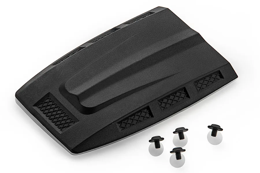 A black plastic RC car hood scoop accessory with a textured mesh design and four small mounting screws on a white background.