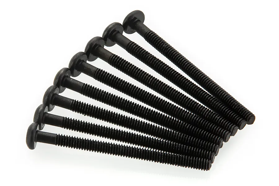 A set of eight black metal button head screws arranged in a fan shape against a white background.