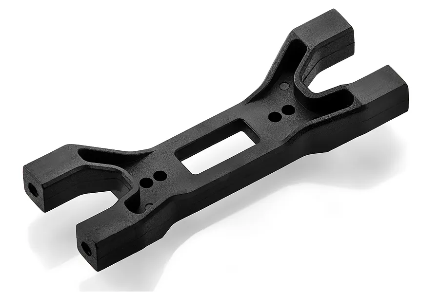 A black plastic battery mount component for an HSP RC car, shown from a high-angle studio perspective.