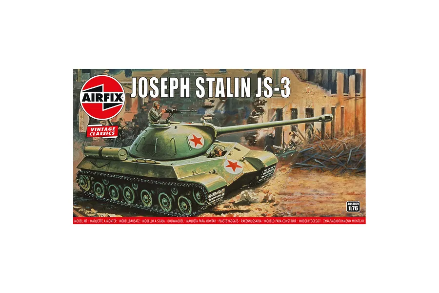 Airfix 1/76 scale Joseph Stalin JS-3 Russian tank plastic model kit box art showing a green tank in a war-torn city setting.