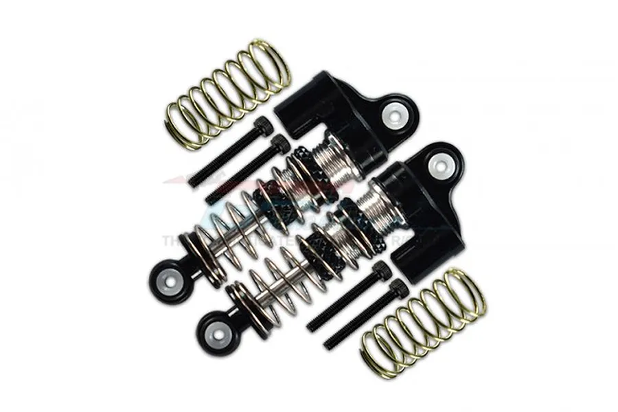 A pair of black GPM Racing piggyback RC shocks with silver springs and mounting hardware on a white background.